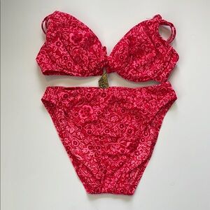Endless Sun Vintage Red Floral Bikini Set High Leg Bottoms/Underwire Top Sz S